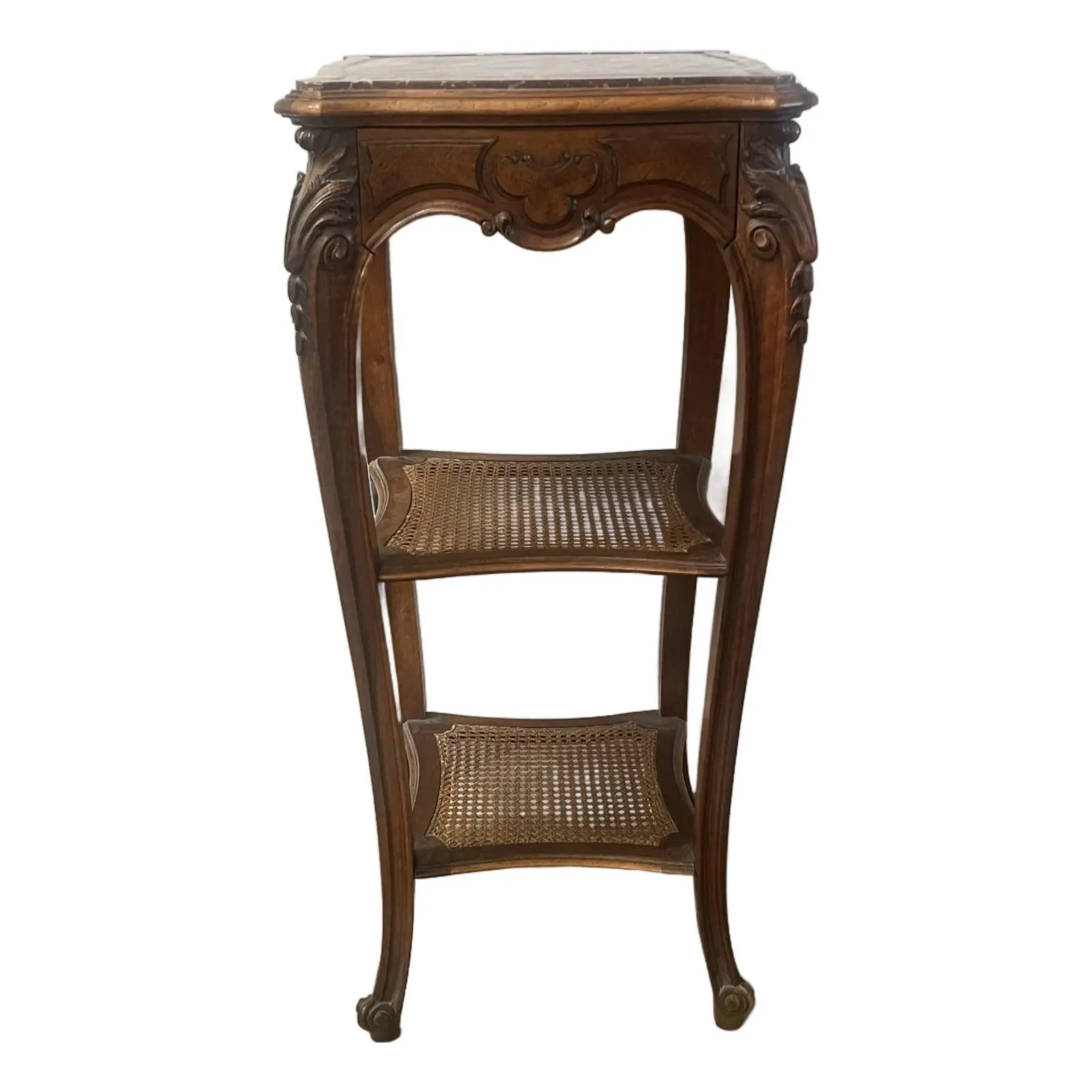 Turn of the Century Walnut Hand Caned Marble Top Table