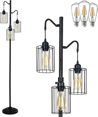 Dimmable Floor Lamp, 3 x 800LM LED Edison Bulbs Included, Standing Lamp, Farmhouse Industrial Vintage Corner Tall Tree Floor Lamps for Living Room Bedroom Office, Black