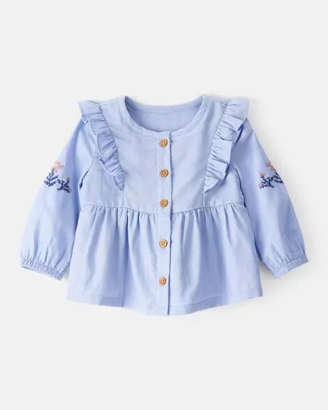 Baby Girl Embroidered Cotton Long-Sleeve Top - Blue