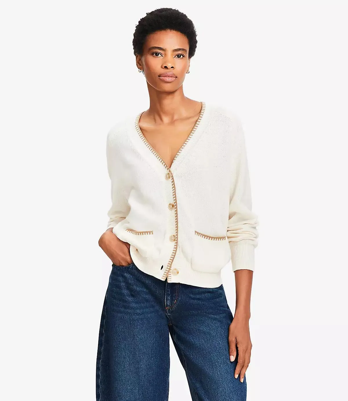 Tipped V-Neck Pocket Cardigan