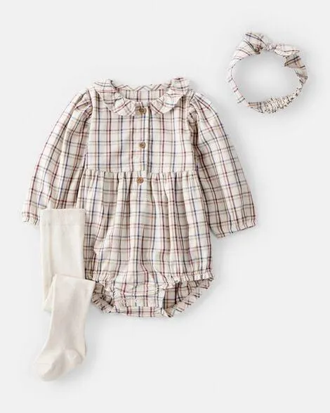 Baby Girl 3-Piece Plaid Bubble Outfit Set