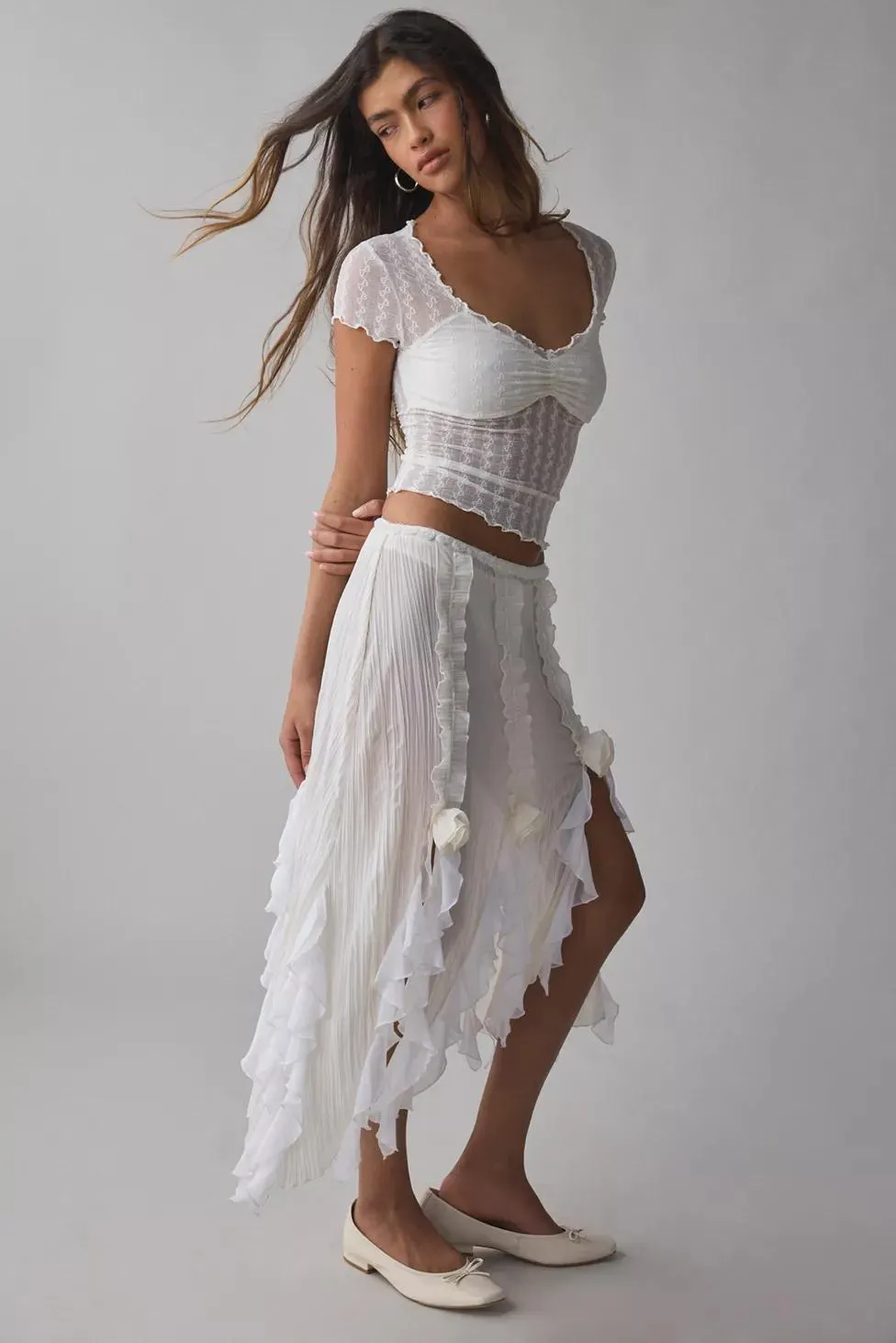 Kimchi Blue Anabella Textured Sheer Mesh Lettuce-Edge Top