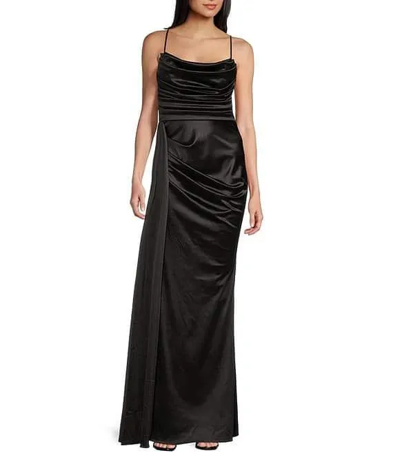 Satin Sweetheart Neckline Side Drape Long Dress