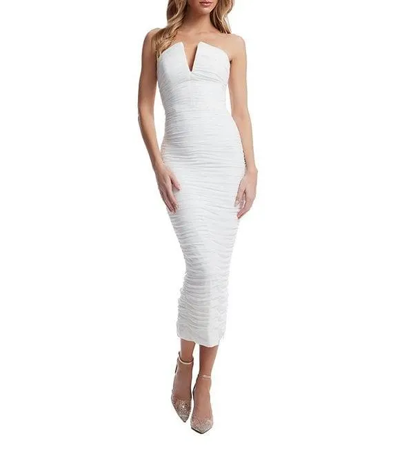 Ferra V-Neck Sleeveless Ruched Midi Bodycon Dress