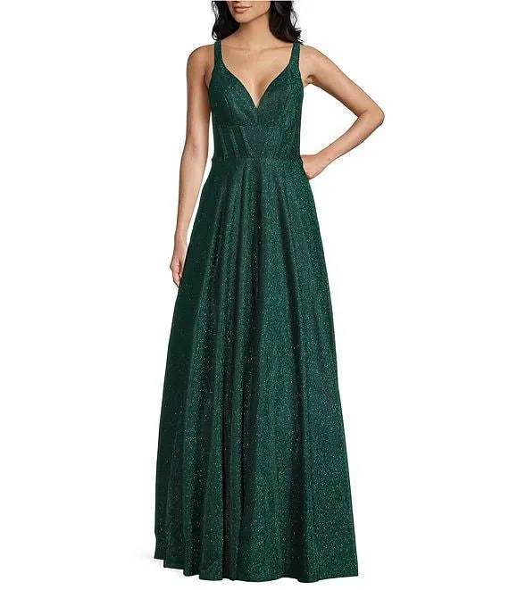 Sleeveless Plunge V-Neck Ballgown Dress