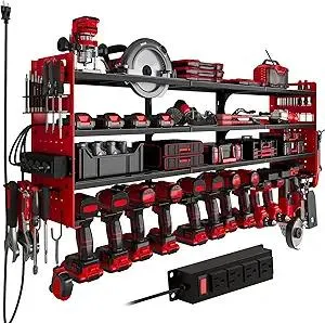 12 Cordless Drill Holder Large Power Tool Organizer Wall Mount with Side Pegboard & Screwdriver Holder, 4-Tier Heavy Duty Metal Tool Storage Rack with 4-Outlet Power Strip
