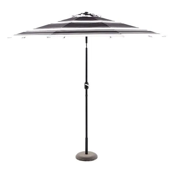 Modern Black & White Striped Round Outdoor Patio Crank & Tilt Umbrella, 9'