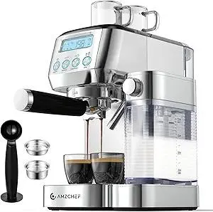 AMZCHEF Espresso Machine with LCD Display, 20 Bar Cappuccino Machines with Automatic Milk Frother for Home Gifts, Latte Coffee Maker with Dual Wall & Filters, Stainless Steel Style sliver