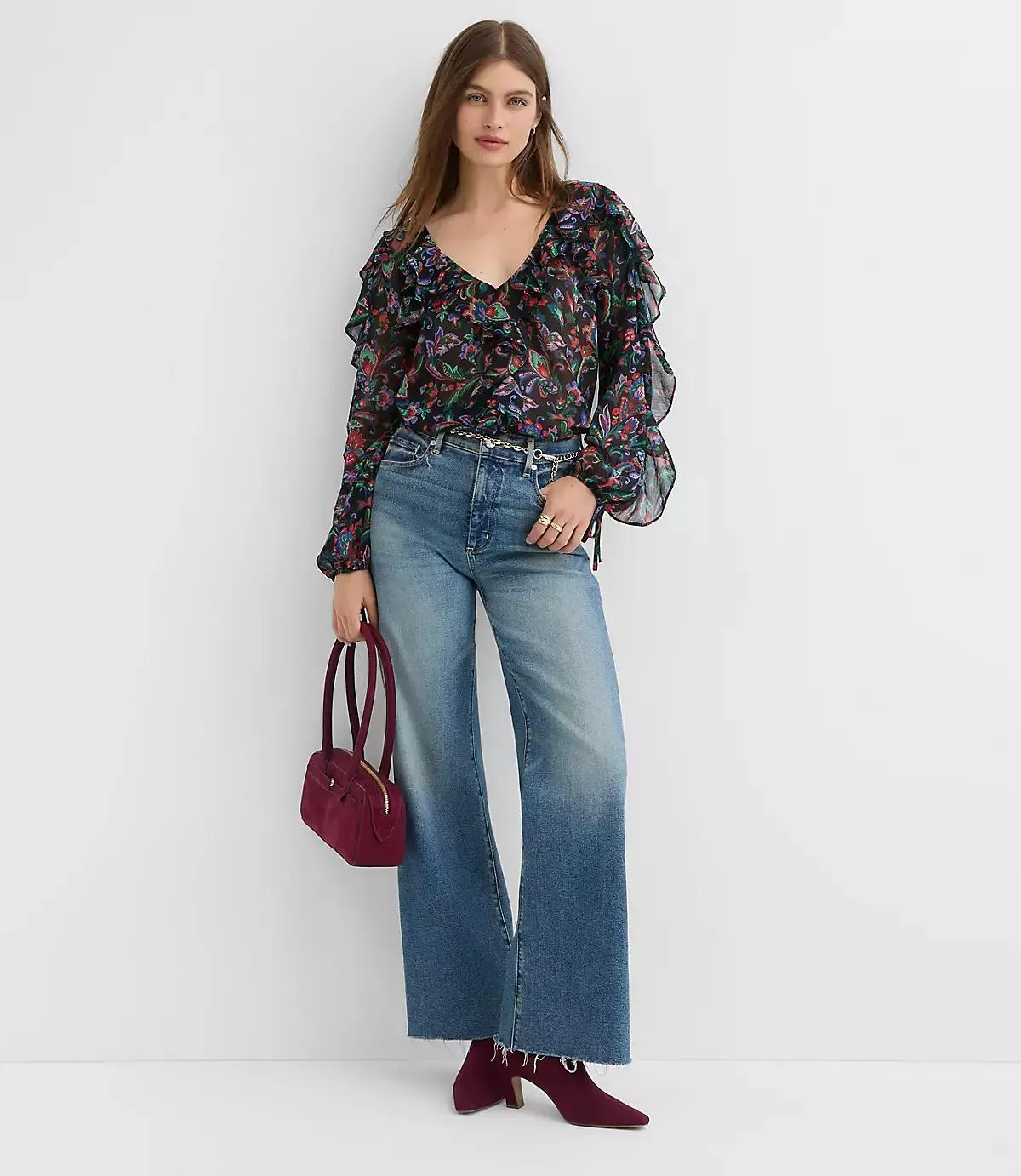 Floral Ruffle Tie Cuff Blouse