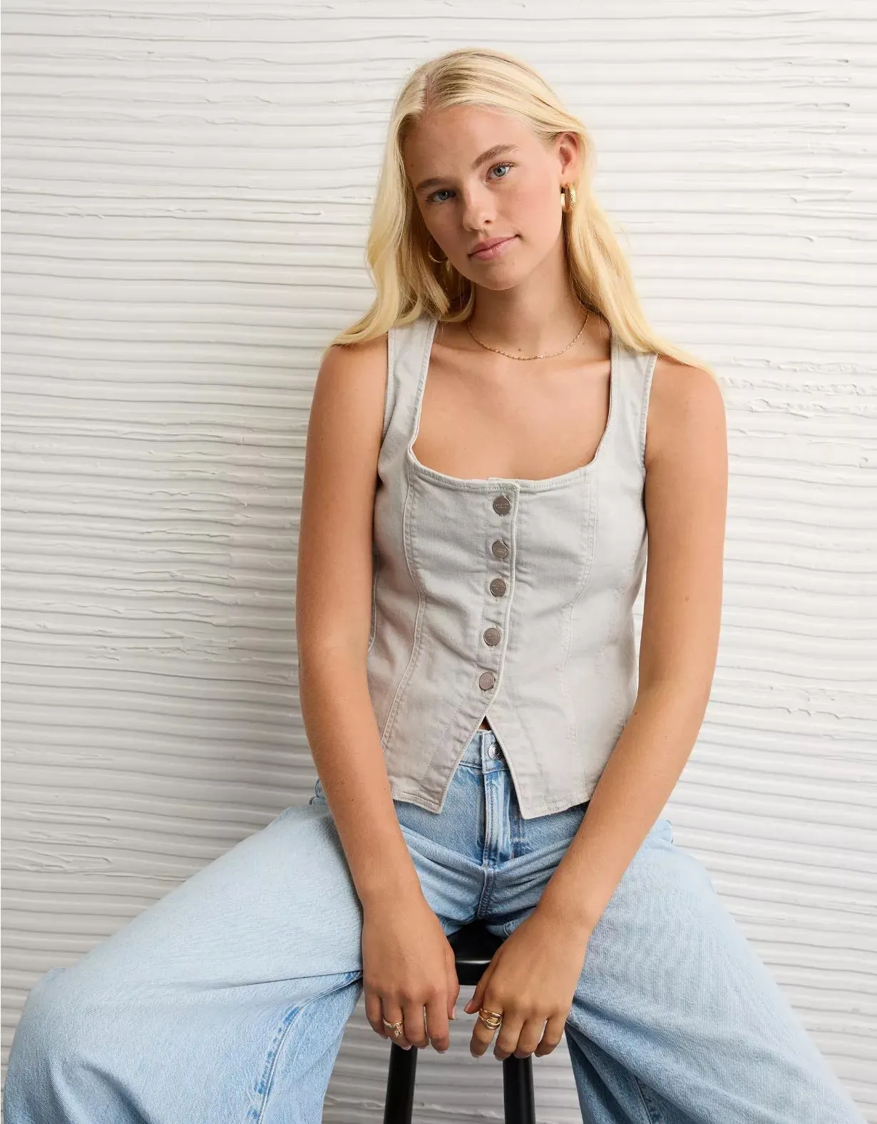 AE Square Neck Button-Up Denim Vest