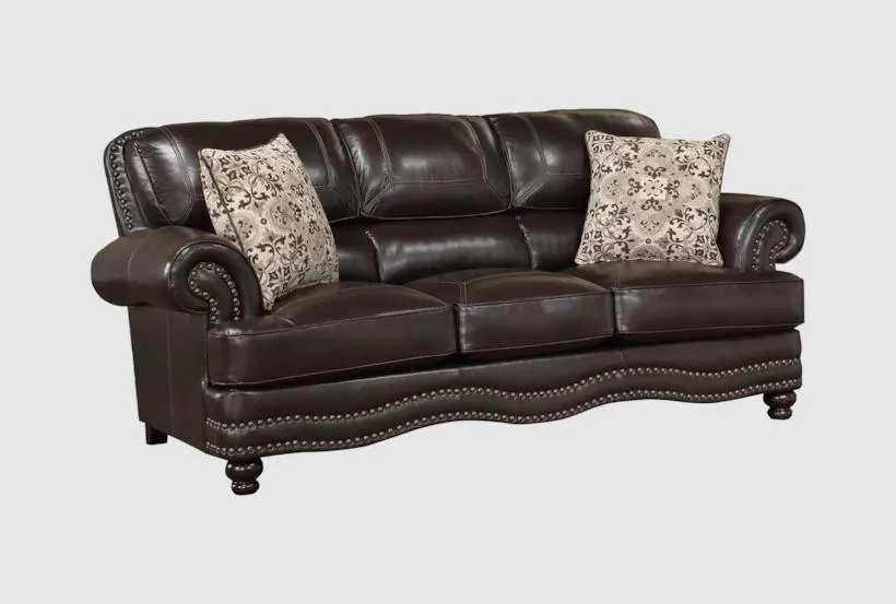 Landrum Brown Faux Leather 88" Sofa | Rolled Arms | Nailhead