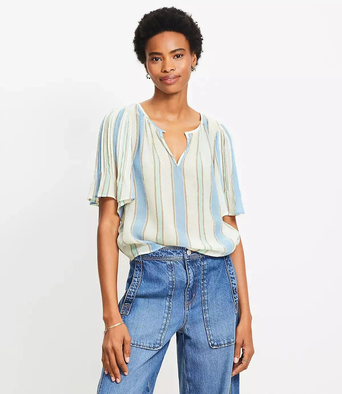 Stripe Pleated Sleeve Blouse