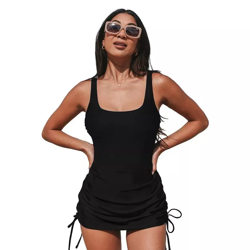 Women's Cupshe Ruched Square Neck Drawstring Side Shirred One-Piece Swim Dress