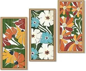 Putuo Decor Boho Flower Wall Art, Minimalist Floral Botanical Wooden Wall Decor, Bohemian Plant Flower Market Wall Art 16x8 In, Coloful Mid Century Print Art for Living Room Bedroom Office Set of 3