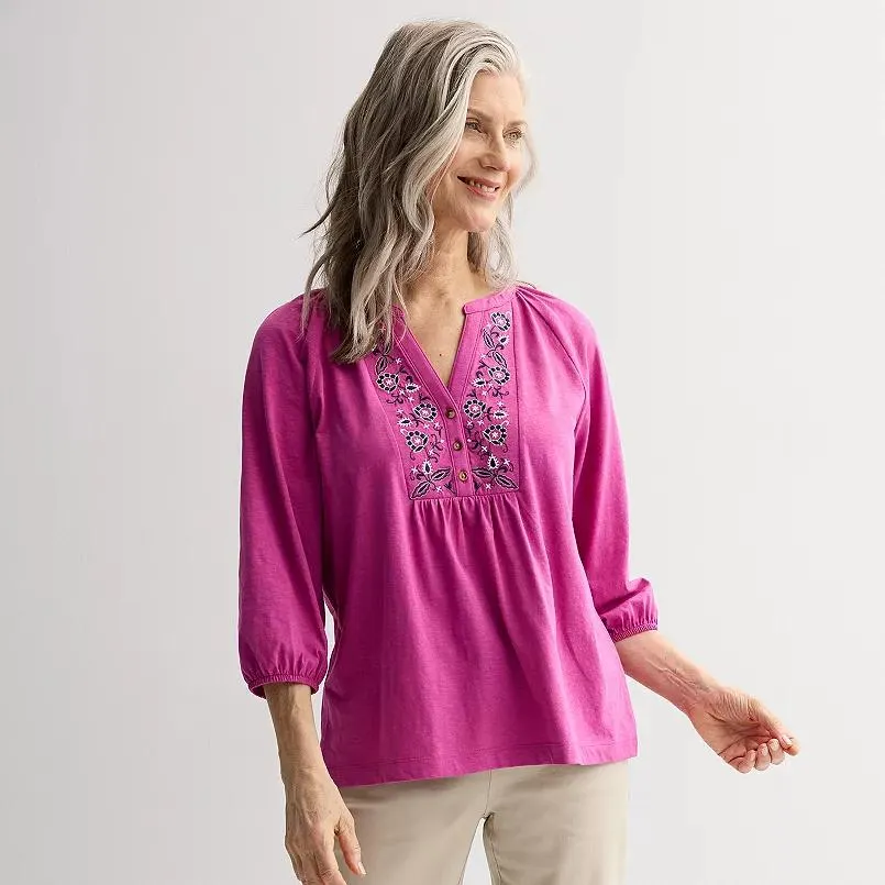Women's Croft & Barrow® Embroidered Henley Top