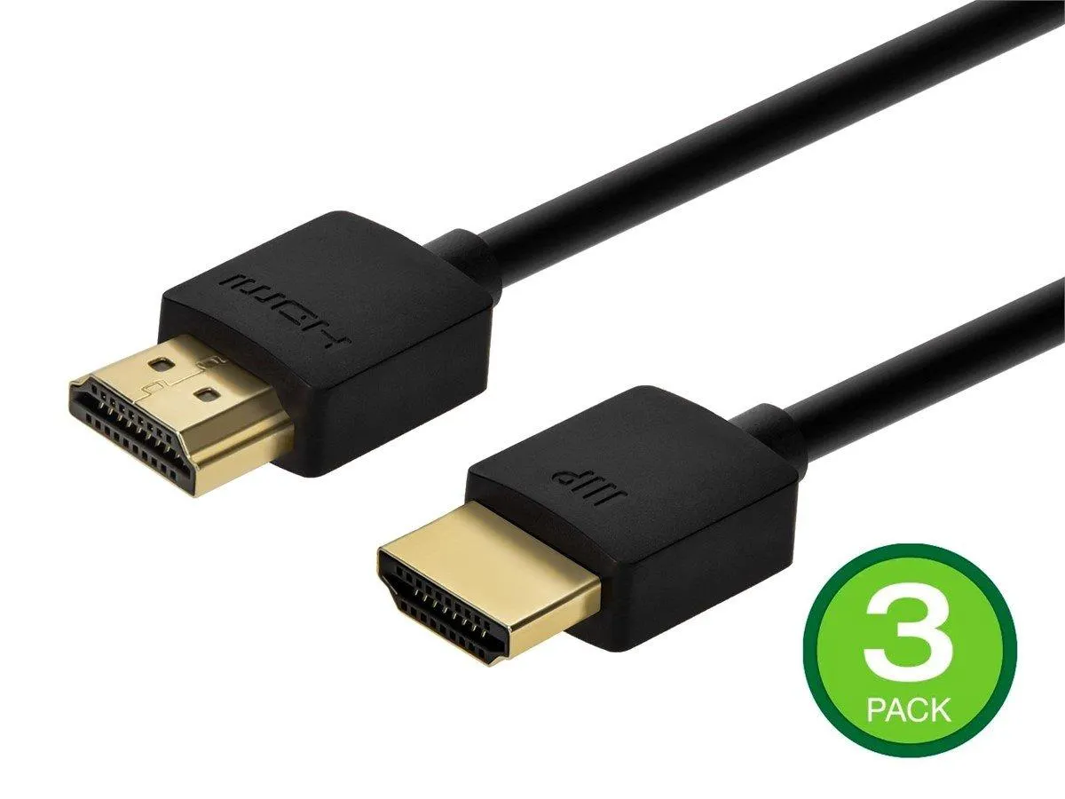 Monoprice 8K Ultra High Speed Slim HDMI Cable - 8K@60Hz, 4K@120Hz, 48Gbps, HDR, VRR, 3ft, No Logo, Black - 3 Pack