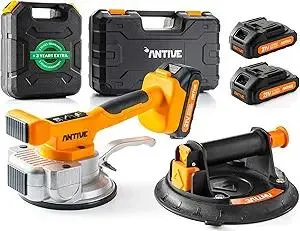 Tile Vibration Tool Pro Set with 21V Batteries & 8″ Vacuum Suction Cup – 110 lb. Tile Suction Cup Tool Power – 9 Tile Vibrator Levels for Leveling Marble, Ceramic, Paver, Granite & Concrete