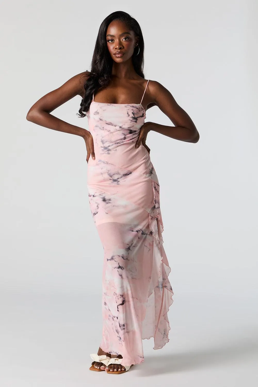 Printed Mesh Ruffled Slit Maxi Dress