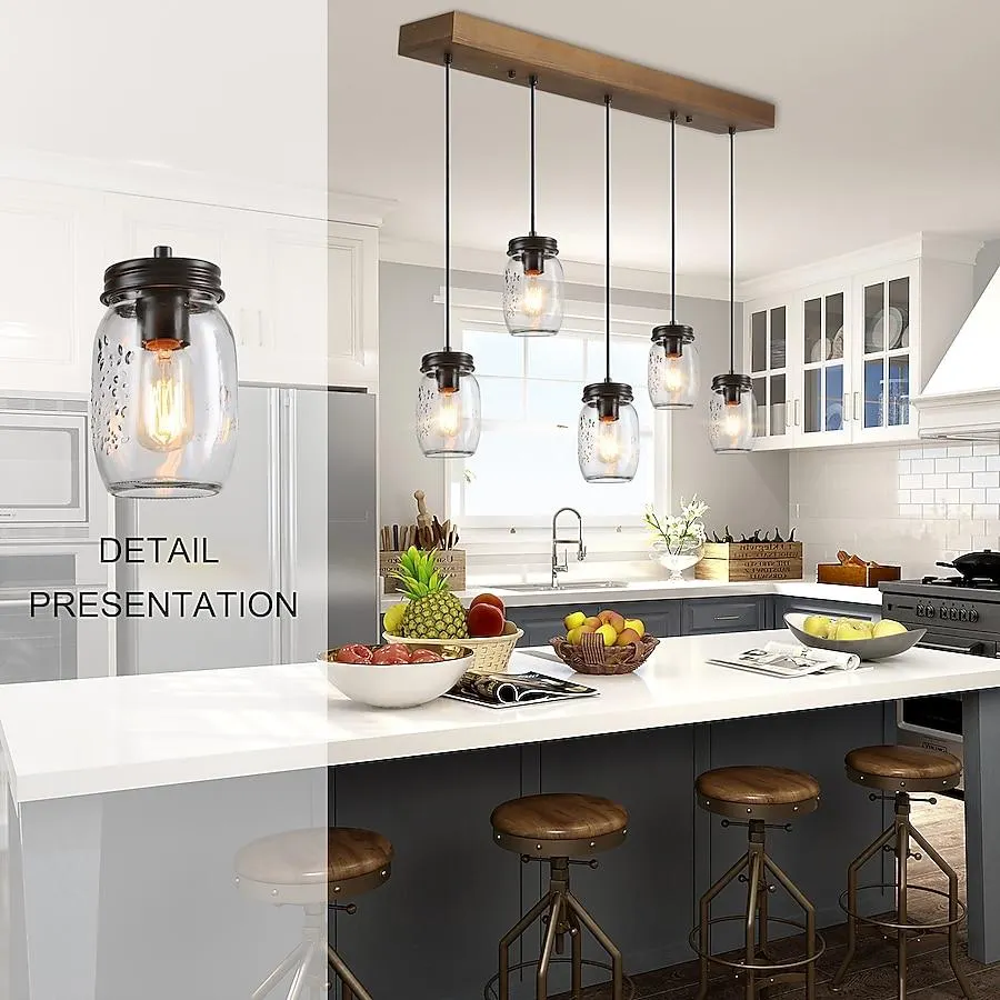 LNC Aries 5 -Light 33" L Handmade Wood and Bronze Mason Jar Farmhouse Clear glass Linear Large Hanging Kitchen island light