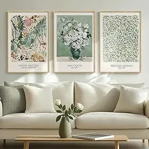 Framed Large Matisse Wall Art for Living Room, 3 Pieces Vintage Sage Green Canvas Painting Artwork for Walls, Botanical Wall Art Prints for Bedroom, Guest Room, Hallway, Home Office Wall Decor, 16x24