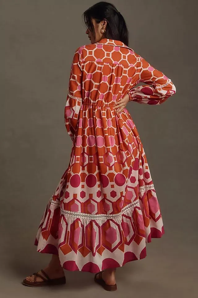 By Anthropologie Long-Sleeve Printed Maxi Shirt Dress