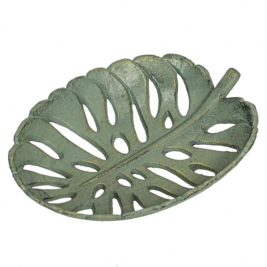 Chesapeake Bay 12 Inch Cast Iron Verdigris Tropical Leaf Decorative Bowl Serving Tray Kitchen Fruit Organizer