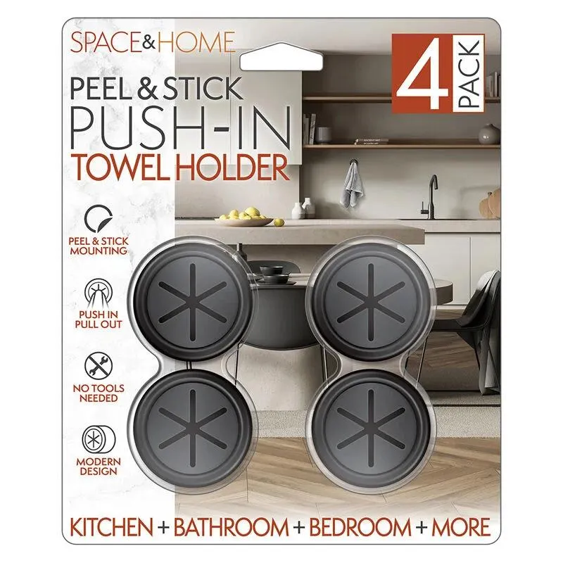 Space and Home Peel-and-Stick Push-In Towel Hooks, 4-Pack