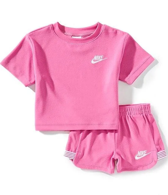 Little Girls "Let's Roll" Towel Terry Short Sleeve Body Cut T-Shirt & Matching Shorts Set
