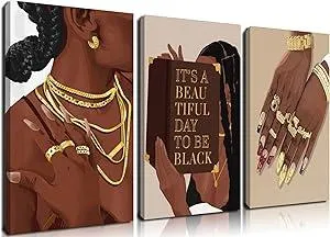 Marllifenney 3 Pcs Black Woman Wall Art Framed Black Girl Posters Abstract African American Canvas Prints Black Women Painting Decor Modern Boho Female Pictures for Bedroom Living Room Office 12x16in