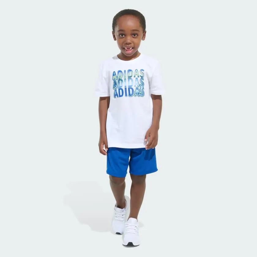 Two-Piece Short Sleeve Graphic Cotton Tee and 3-Stripes Shorts Set