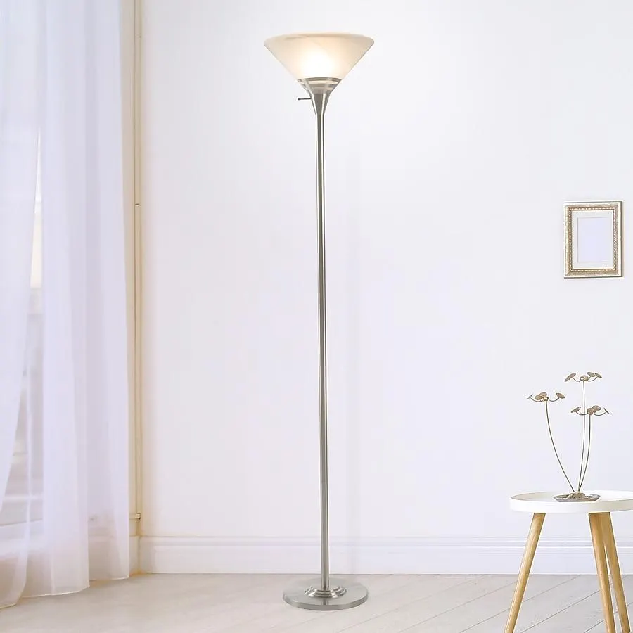 Hastings Home Lamps 75.5-in Brushed Silver Torchiere Floor Lamp with Glass Shade
