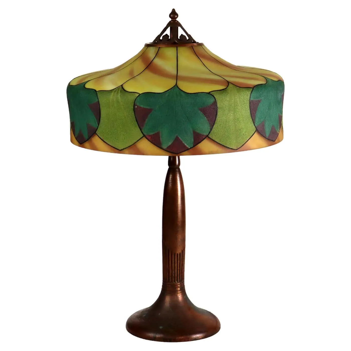 Antique Arts & Crafts Handel Reverse Painted Stylized Foliage Table Lamp c1920
