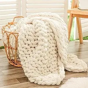 Bigacogo Chunky Knit Throw Blanket for Couch, 40x60 inches, 100% Hand Knitted with Thick Jumbo Chenille Yarn, Cozy Soft Large Rope Knot Cable Crochet Blankets for Sofa Bed Living Room, Beige