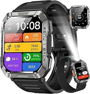 Military Smart Watch for Men(Answer/Make Call), Outdoor Sports Smartwatch with Flashlight/100 Days Battery/Compass/Heart Rate/SpO2/Sleep Monitor/2 Straps, Fitness Tracker for iPhone/Android Phones