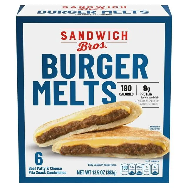 Sandwich Bros Angus Beef Patty Cheeseburger, Frozen Pita Pocket Sandwiches, Frozen Meal, 6 Count, 13.5 oz (Frozen)