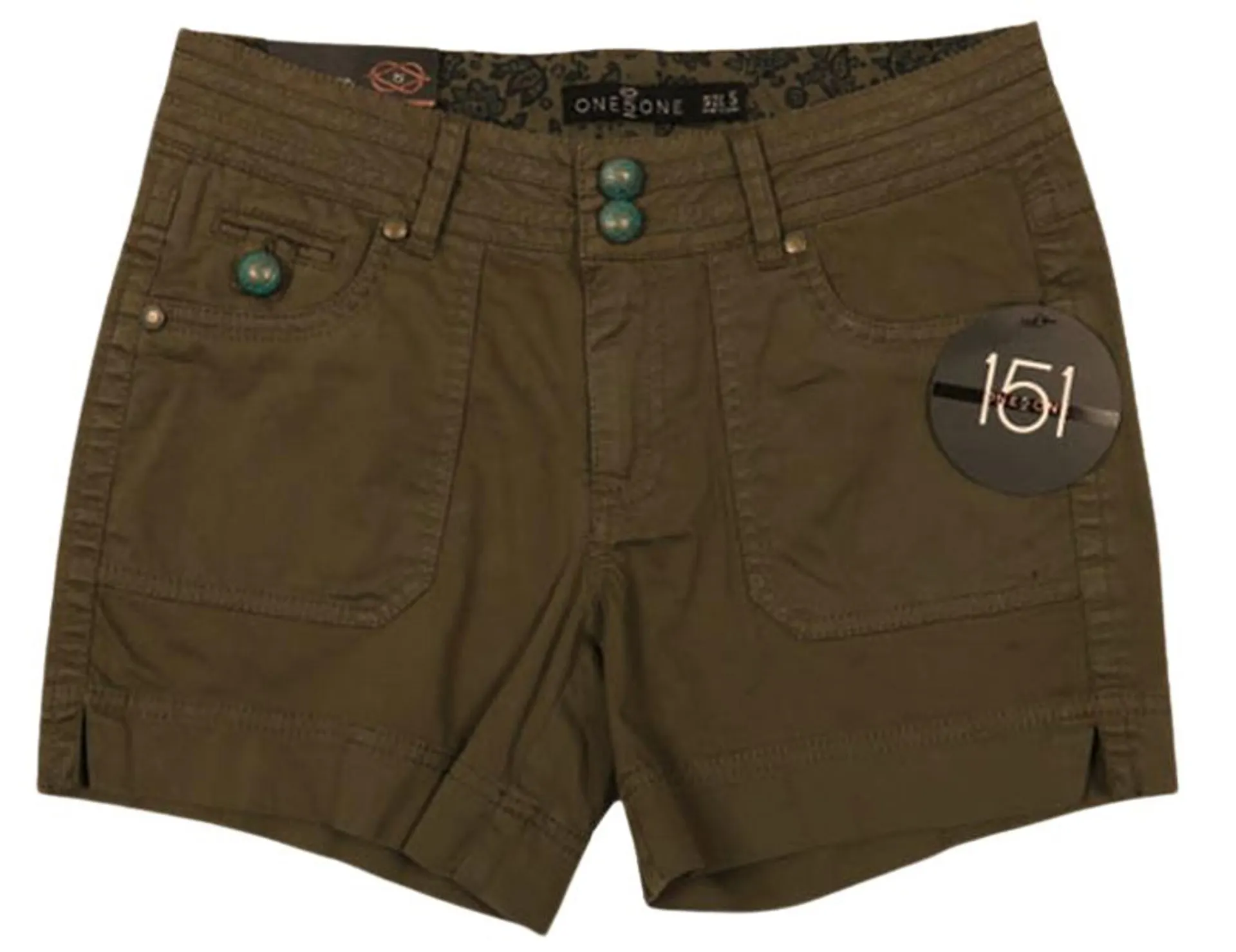 One 5 One Women's Olive Green Double Button Shorts with Square Pockets & Paisley Waist Design