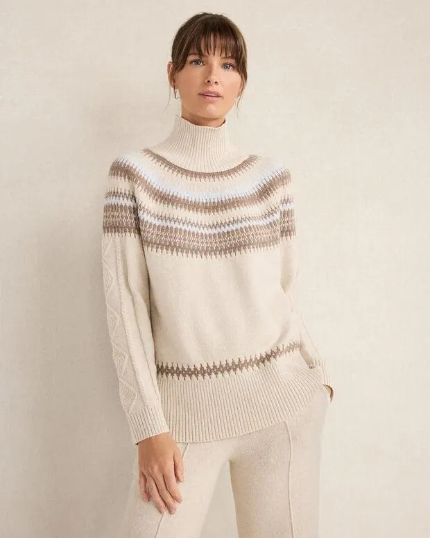 Organic Cotton Blend Fair Isle Cable Mockneck Sweater