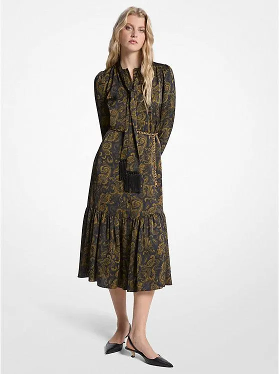Paisley Print Satin Tie-Neck Midi Dress