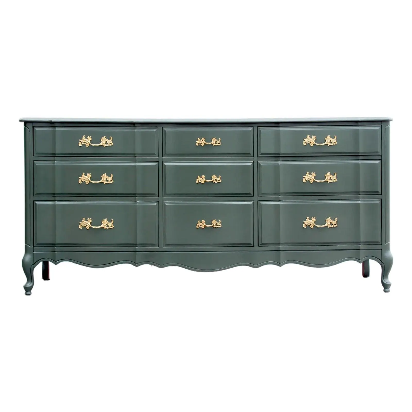 1970's French Provincial Green Dresser of Nine Drawers