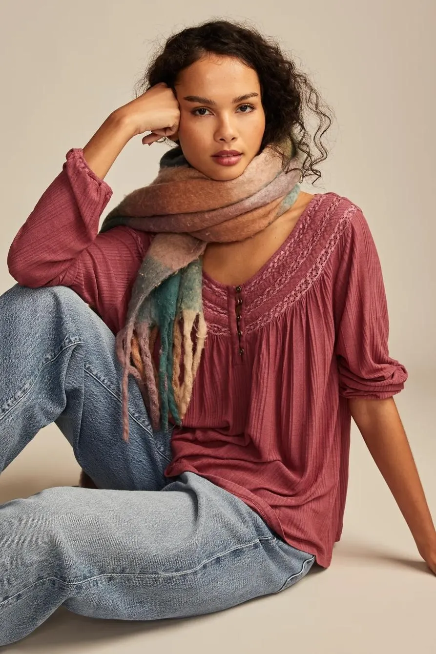 smocked lace yoke henley