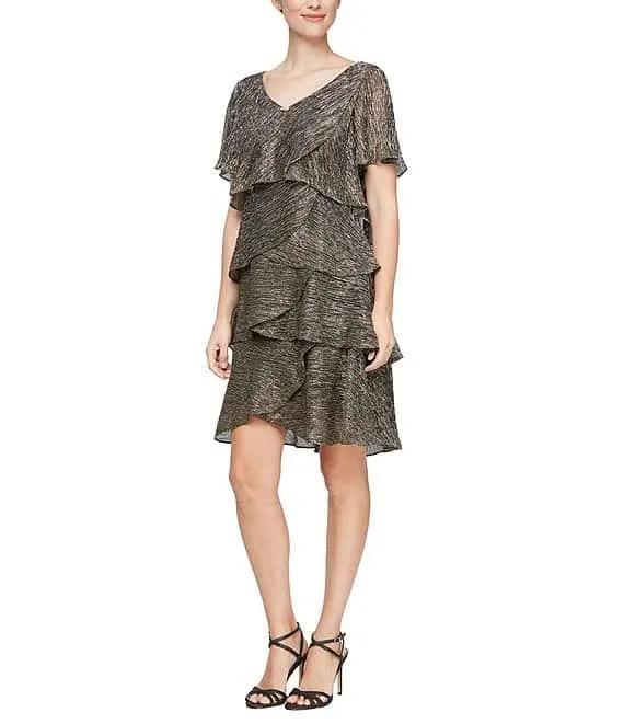 Shimmer Tiered Ruffle V-Neck Embellishment Short Flutter Sleeve Shift Dress