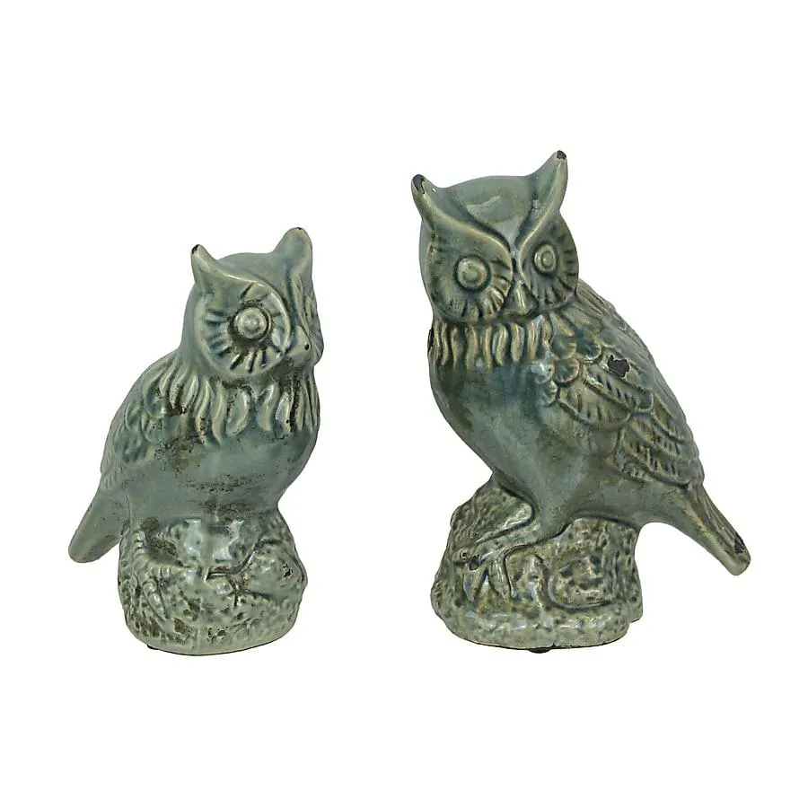 Zeckos Grey Crackle Finish Set of 2 Ceramic Owl Statues
