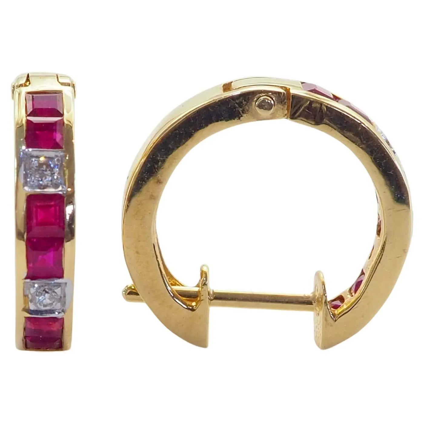 18K Gold 0.90ct Squared Ruby & 0.04ct Diamond Hoop Earrings