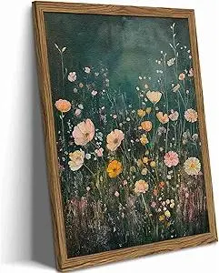 Framed 3D Textured Vintage Wildflower Wall Art, Green Flower Wall Decor Painting, Hand Drawn Sandstone Farmhouse Botanical Landscape Pictures Artwork for Living Room Bedroom 12x16 inch Wood Frame
