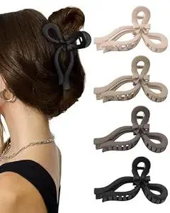 4 PCS Bow Hair Clips for Women Bow Claw Clip 5" Large Hair Claw Clips for Thick and Long Hair Cute Bows Jaw Clip (Dark Apricot + Khaki + Coffee + Black)