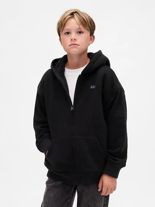 Kids Relaxed Sherpa-Lined Zip Logo Hoodie