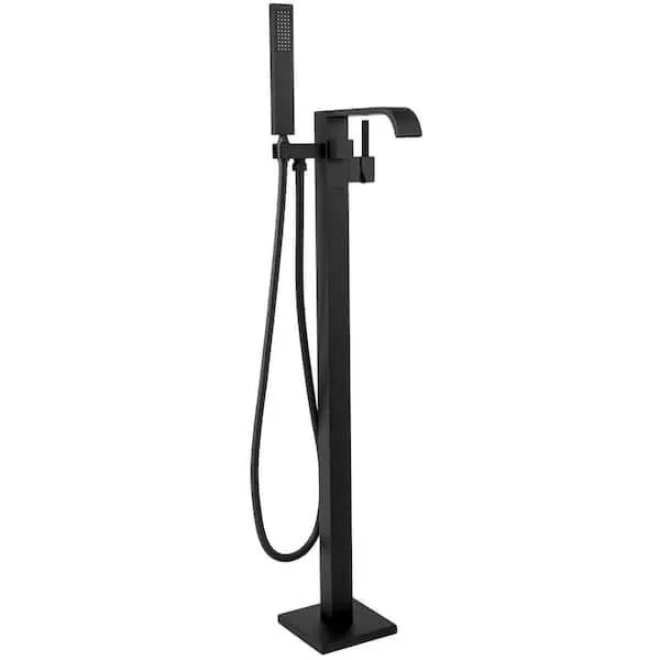 1-Handle Freestanding Floor Mount Tub Faucet Bathtub Filler with Hand Shower in Matte Black