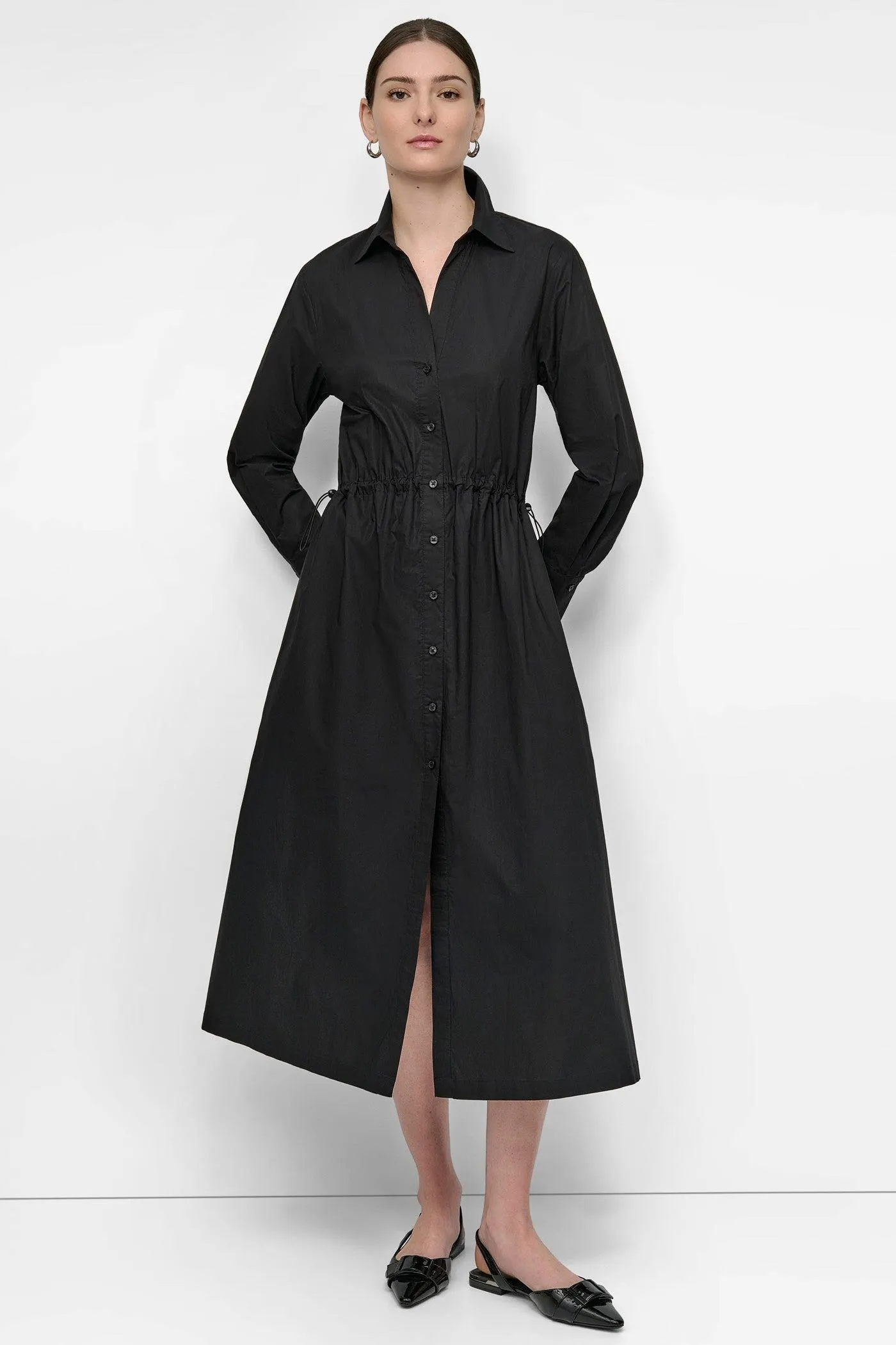 ADJUSTABLE WAIST MIDI SHIRT DRESS