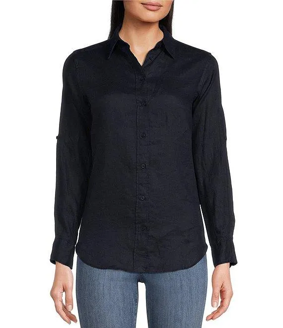 Point Collar Long Roll-Tab Sleeve Button Front Linen Shirt