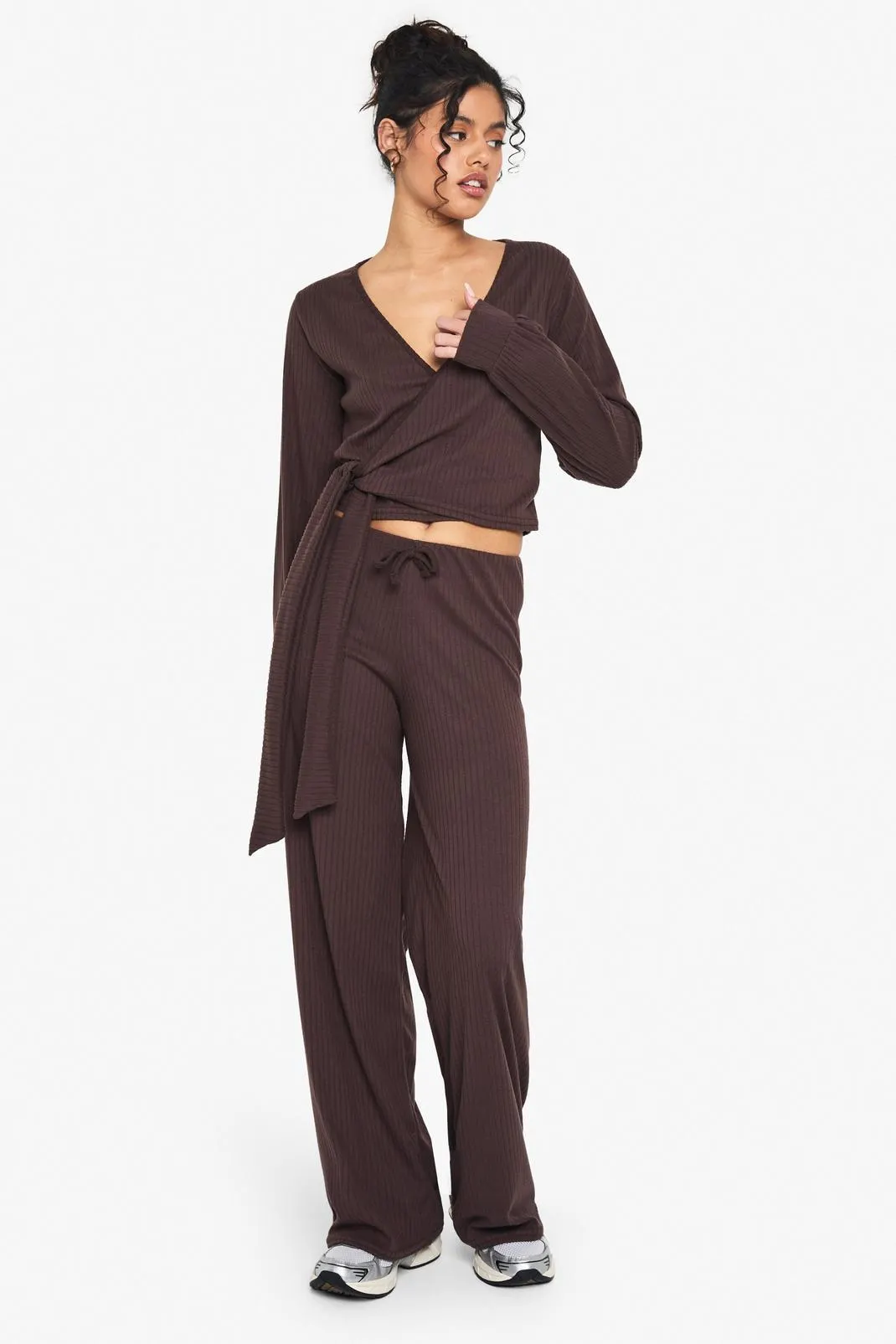 RIB WRAP OVER TIE DETAIL TOP & TROUSER SET